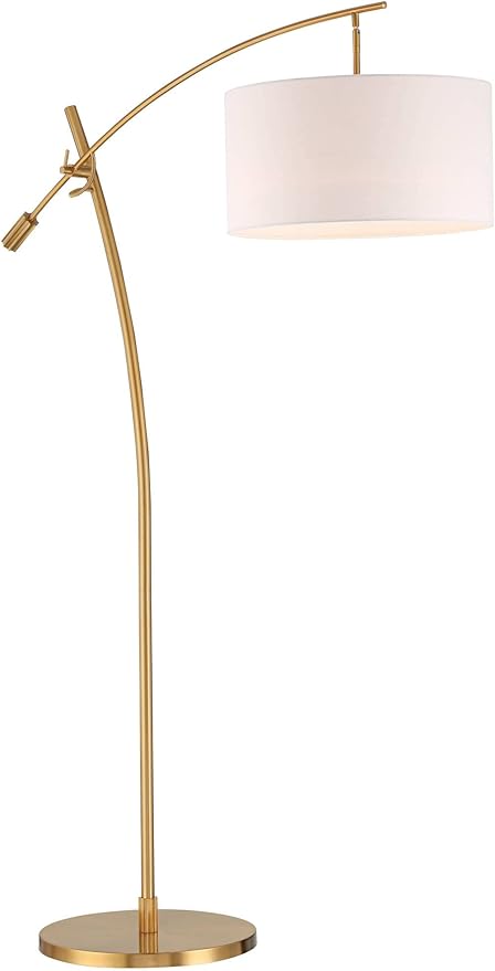 Possini Euro Design Raymond Modern Arc Floor Lamp 69" Tall Warm Gold Metal Adjustable Boom Arm White Linen Drum Shade Decor for Living Room Reading House Bedroom Home Office House