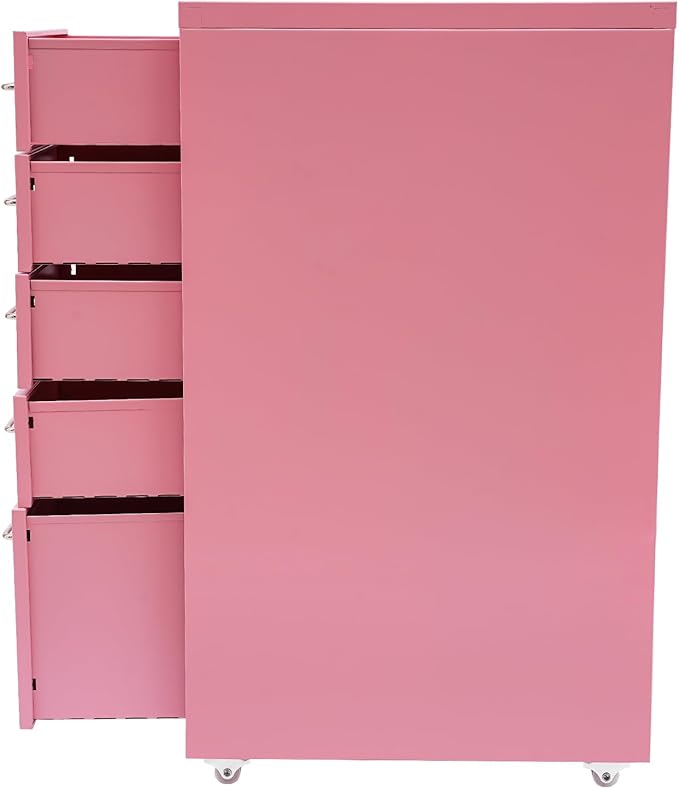 Metal File Storage Cabinet,Side Storage Organizer,Freestanding Storage Unit,Metal Garage Storage Drawer,Storage Cabinet with 5 Drawers and Wheels for Office,Home,School，Pink,11 * 16.1 * 27.1in