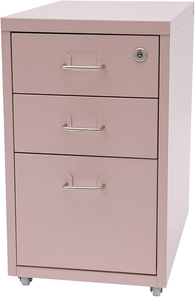 Pink File Cabinet, 3 Drawer File Cabinet with Lock, Metal Mobile Vertical Pink Desk Organizer, Rolling Cabinet with Lock and Wheels Under Desk for Home Office