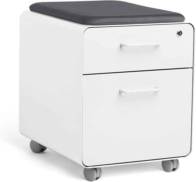 Poppin Mobile Mini Sittable Stow Rolling File Cabinet - White with Dark Gray Seat Cushion. Two Locking Drawers and One Key Lock. Two Keys Included. One Utility Drawer and One Hanging File Drawer