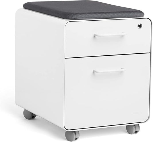 Poppin Mobile Mini Sittable Stow Rolling File Cabinet - White with Dark Gray Seat Cushion. Two Locking Drawers and One Key Lock. Two Keys Included. One Utility Drawer and One Hanging File Drawer