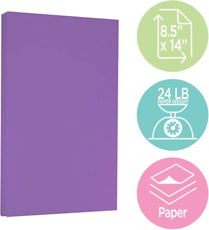 JAM PAPER Legal Colored 24lb Paper - 90 gsm - 8.5 x 14 - Violet Purple - 100 Sheets/pack