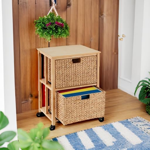 Best Choice Products Vertical Rolling File Cabinet, Multipurpose Portable Water Hyacinth Basket Organizer for Home Office, Workspace w/Rubberwood Frame, Metal Sliders, Locking Caster Wheels - Natural