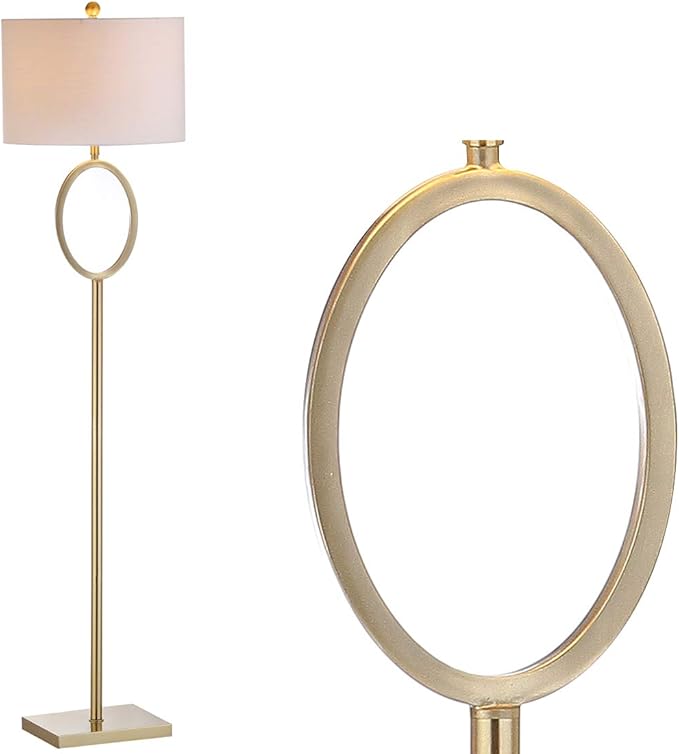 JONATHAN Y 61" Brass Gold Metal LED Floor Lamp for Living Room Modern Hoop Design Standing Lamp, White Linen Drum Shade, Bedroom Home Office, LED Bulb Included JYL1089A