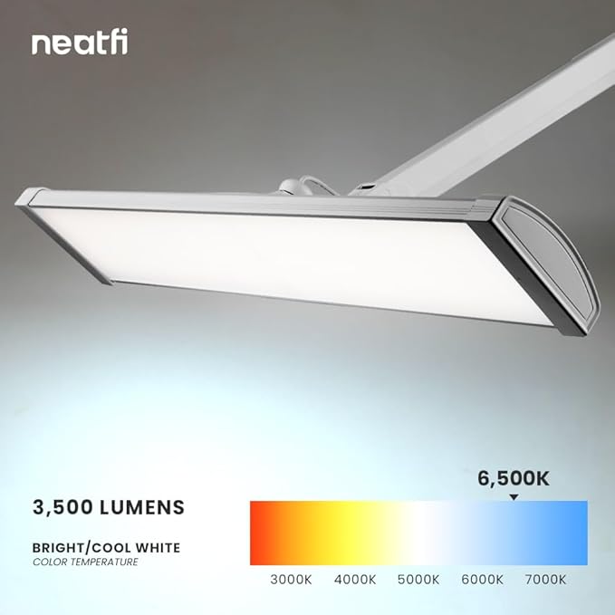 Neatfi Ultra 3,500 Lumens LED Desk Lamp – 45W, 26” Wide Metal Shade, 270 SMD LEDs, Shadow-Free | Adjustable Brightness | Non-Flickering Task Light for Nail, Craft & Office (Non-CCT with Clamp, Silver)