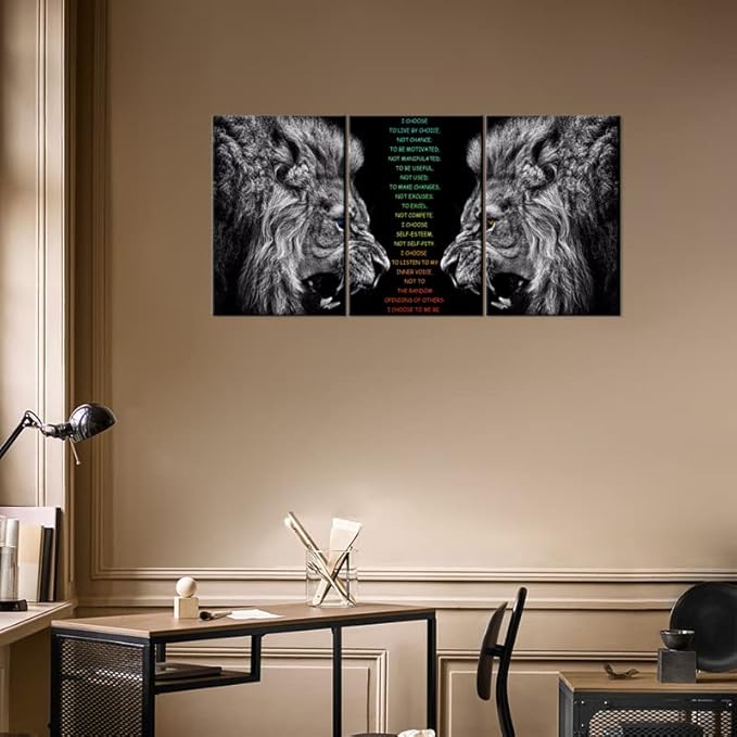 Motivational 3 Pieces Lion Wall Art for Office Inspirational I Choose Poster Inspirational Canvas Painting Prints Wall Pictures for Living Room Home Decor Framed Artwork [48''Wx 24''H]