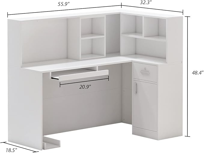 Homsee Reception Desk L-Shaped Office Desk with Counter, 1 Door Storage Cabinet, 1 Lockable Drawer, Hutch Shelf & Keyboard Tray, White