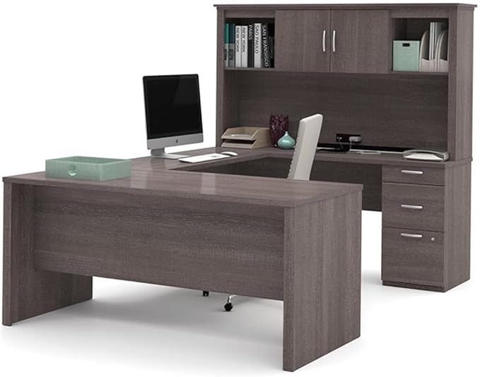Atlin Designs Modern Wood U Shape Computer Desk with Hutch, Bark Gray Finish, 1" Scratch-Resistant Surface, File Drawer, 95.5 x 66 x 66.5 in Office Desk for Home or Professional Workspace