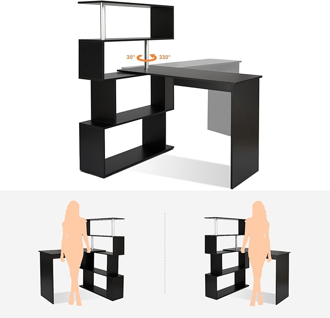 41.7" L Shaped Desk with 4-Tier Storage Shelves, Computer Corner Desk for Study Home Office Living Room (Black)