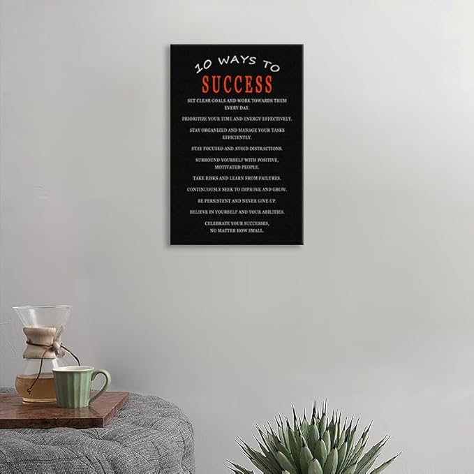 WYJDFART Motivational Wall Art 10 Ways to Success Positive Mindset Decor Quotes Inspirational Wall Decor Printed Canvas Poster for Office Home Gym Classroom Framed Ready to Hang [12" W X 18" H]