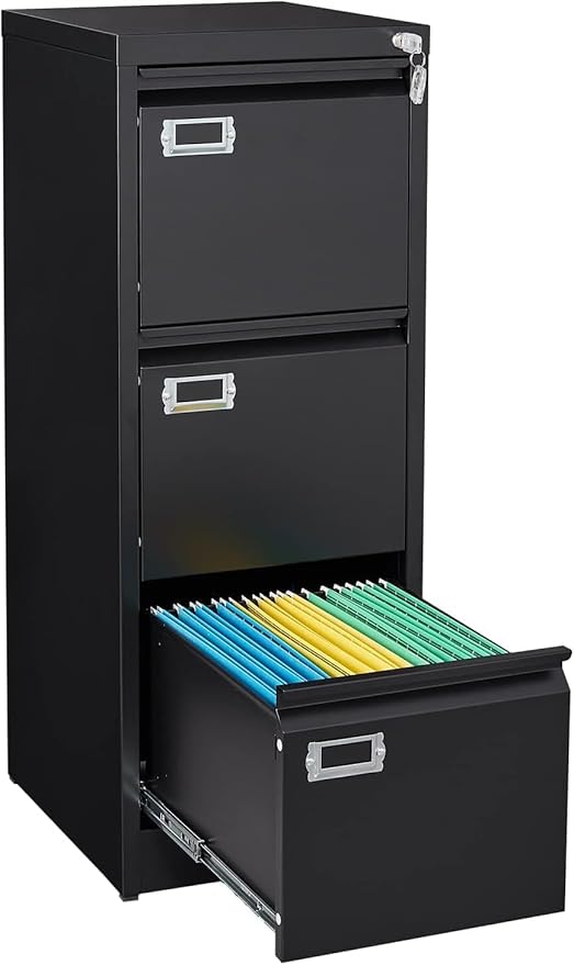 Black 3 Drawer File Cabinet,Metal Filing Cabinets with Lock,Office File Storage Cabinet for A4/Letter/Legal Size File(Assembly Required)