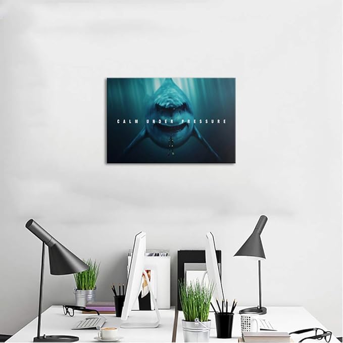 Office Wall Art Calm Under Pressure Shark Life Motivational Photo Hanging Poster Canvas Print Oil Painting Artwork Gallery Wrap Inspirational Home Living Decor With Framed for hang -16''W x 12''H