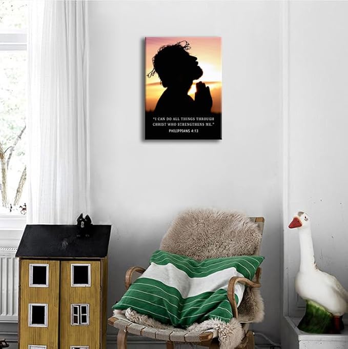 Motivational Wall Decor Philippians 4:13 Bible Verse Poster“I Can Do All Things Through Christ”Jesus Silhouette with Crown of Thorns Inspirational Quote Canvas for Church Home Indoor [18" W X 24" H]