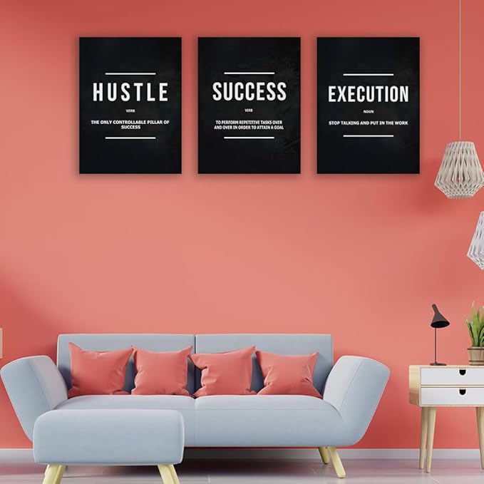 Halioyo Motivational Wall Art, 3 Pane Inspirational Canvas Prints with Positive Saying, Hustle Success Office Wall Decor for Living Room, Bedroom, Workspace, Ready to Hang(12x16 inch)