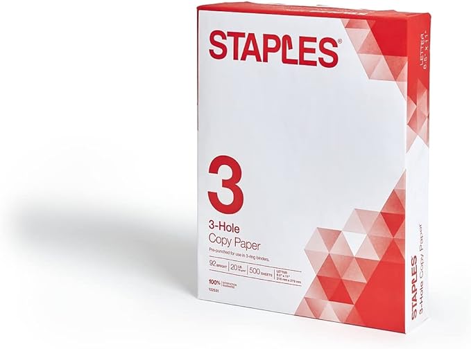 Staples 8.5-Inch X 11-Inch 3 Hole Copy Paper 20 Lbs. 92 Brightness 500/Ream, For Office, School & Home