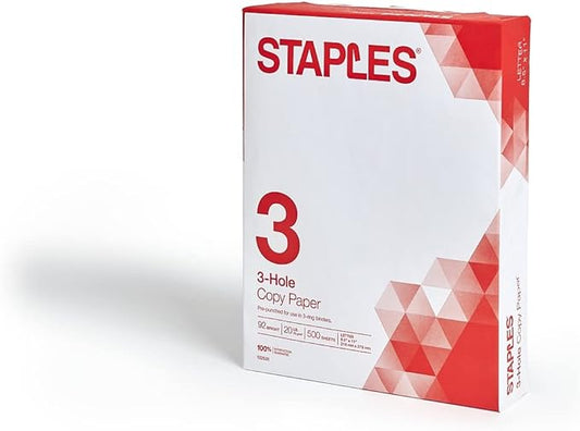 Staples 8.5-Inch X 11-Inch 3 Hole Copy Paper 20 Lbs. 92 Brightness 500/Ream, For Office, School & Home
