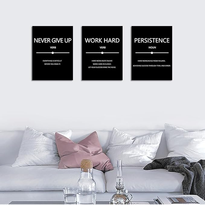 Unbruvo Inspirational Canvas Wall Art, Motivational Office Wall Decor, 3 Pieces Black Never Give Up Positive Quotes Wall Art for Workplace Living Room Bedroom(60''Wx 28''H)