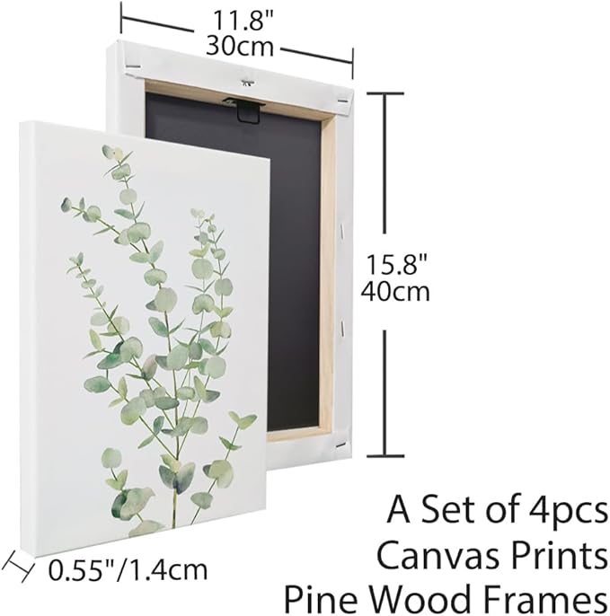 Erctoo Botanical Wall Art for Bathroom, Framed Canvas Office Wall Art 12”x16” Sage Green Plant Wall Decor for Bedroom, Light Green Boho Eucalyptus Leaf Sets of 4PCS