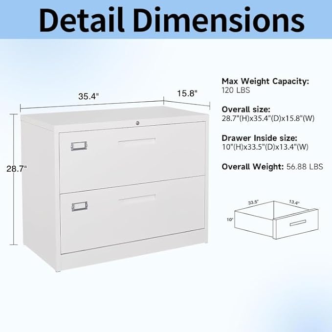 2 Drawer Lateral File Cabinet with Lock, Metal Filing Cabinets for Home Office, Wide Locking File Caninets, White Office Storage Cabnet for Hanging Letter/Legal / A4 / F4 - Assembly Required