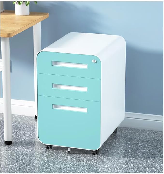 3 Drawer Mobile File Cabinet with Lock, Under Desk Storage Filing Cabinet for Home Office, Small Rolling File Cabinet for Legal, Letter and A4 Files (White+Green)