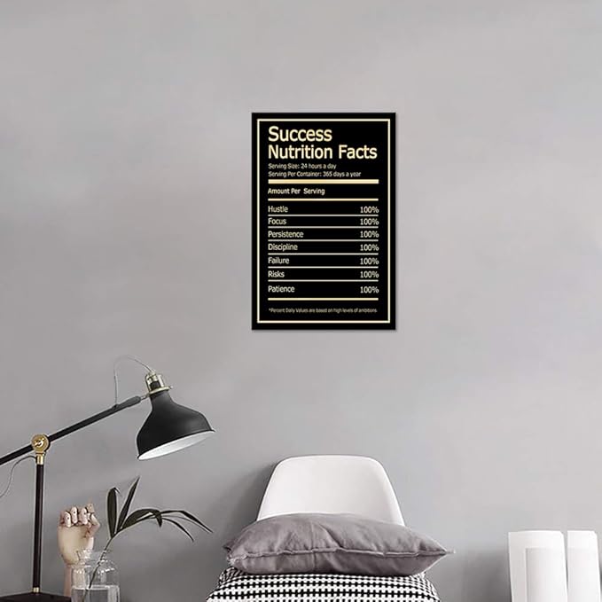 Modern Inspirational Picture Wall Art Black Success Nutrition Facts Motivational Quote Painting Prints on Canvas Artwork Stretched by Wooden Frame Easy to Hang for Home Office Decor - 12''W x 16''H