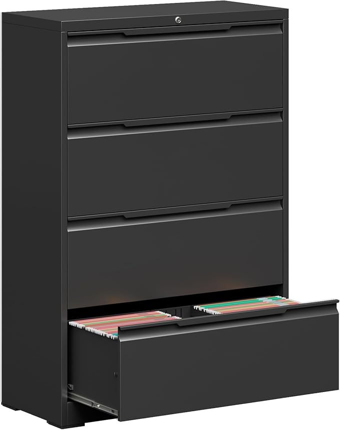 Coolsun Metal File Cabinet with Lock, 4 Drawer File Cabinet for Home Office, Lockable Lateral Filing Cabinet for A4/F4/Lagel/Letter Assembly Required (Black, 4 Drawer Lateral)