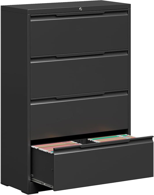 Coolsun Metal File Cabinet with Lock, 4 Drawer File Cabinet for Home Office, Lockable Lateral Filing Cabinet for A4/F4/Lagel/Letter Assembly Required (Black, 4 Drawer Lateral)
