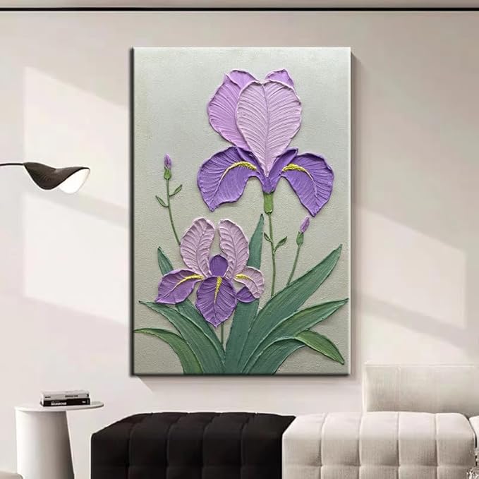 YaSheng Art- Handmade Modern Wall Art Oil Paintings , 3D Textured Wall Art Purple Iris Floral Original Artwork Painting, Modern Minimalist Abstract Wall Art painting, Wall Art for living room Bedroom Wall Deco Home, Framed Wall Art Pictures 36X24 Inch