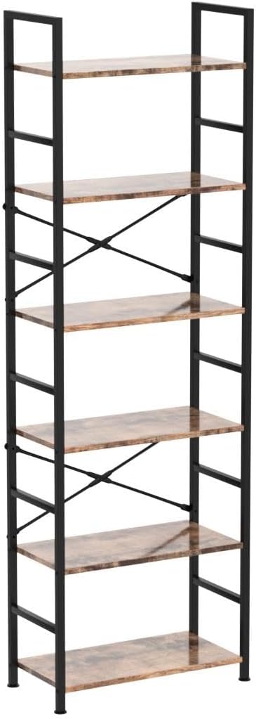 6 Tier Tall Rustic Wood Bookshelf, Metal Frame Standing Bookcase, Open Back Modern Office Bookcases, Industrial Vintage Book Shelf Unit