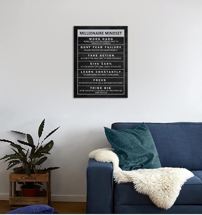 Millionaire Mindset Inspirational Canvas Wall Art Motivational Positive Quotes Office Home Decor Success Painting Poster Print Office Home Wall Decor Frame Ready to Hang[18" W x 24" H]