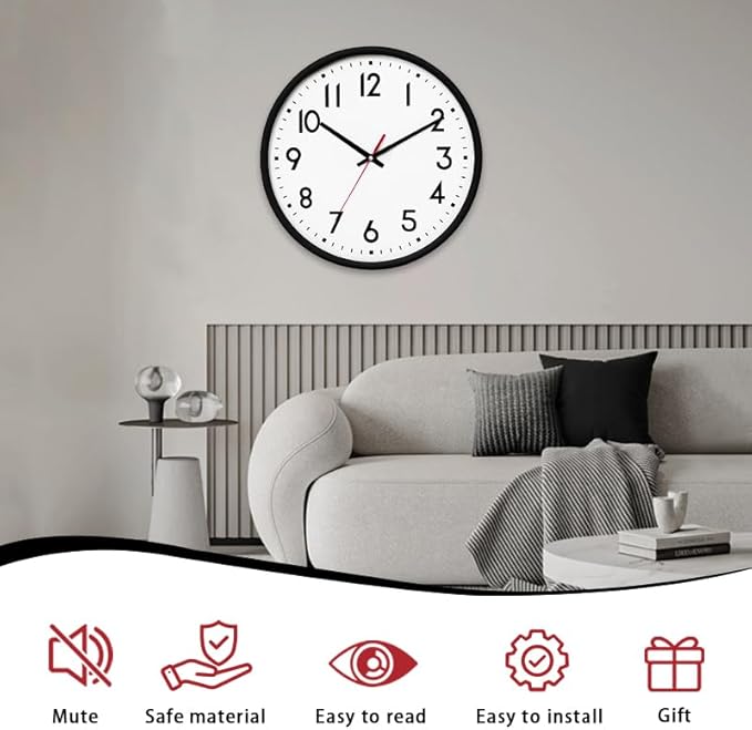 HZDHCLH Wall Clock Black,Silent Wall Clocks Battery Operated 12 Inch Modern Non Ticking Analog Clock Decorative for Kitchen Bedroom Living Room Office Classroom