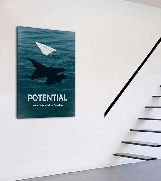 Motivational Potential Wall Art - Your Potential is Greater with Blue Ocean Background Canvas Prints Entrepreneur Poster Inspirational Quote Wall Decor for Office Living Room Home, Framed 28"x44"