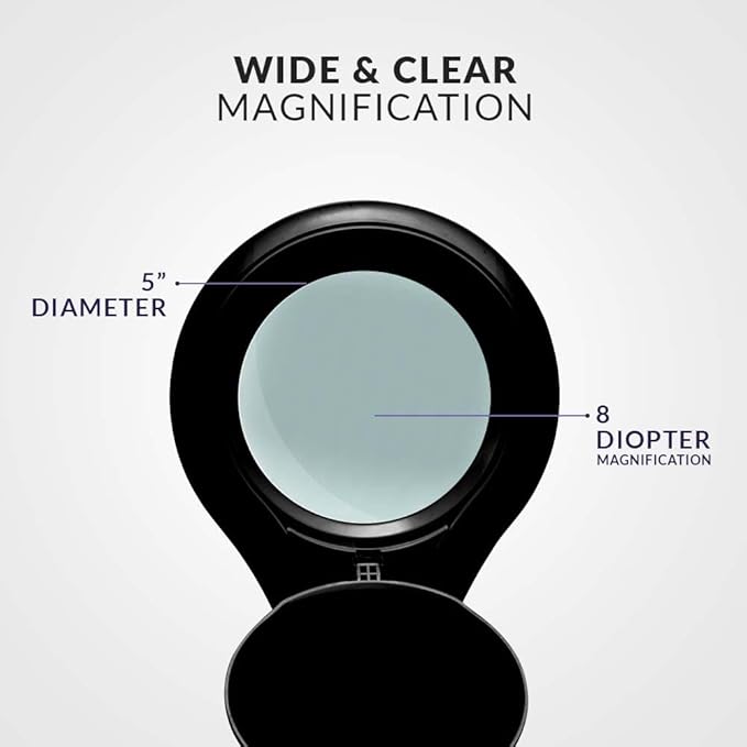Neatfi LED Magnifying Lamp 1,200 Lumens with Clamp – 5” 8-Diopter Glass Lens, Dimmable Task Light | Adjustable Arm | Reading, Sewing & Crafting (Black, 8 Diopter)