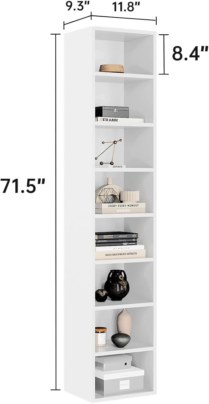 MXV 71.5" Tall Narrow Bookshelf, 8-Tier Cube Display Rack, Modern Corner Bookshelf with Storage Space, CD Storage Cabinet for Home Office