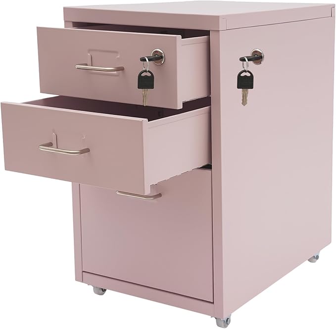 Vertical File Cabinet, 3-Drawer Metal Mobile File Cabinet with Lock, 11 * 16 * 18.3In Filing Cabinet Under Desk with Tag Jacks for Home Office (Pink)