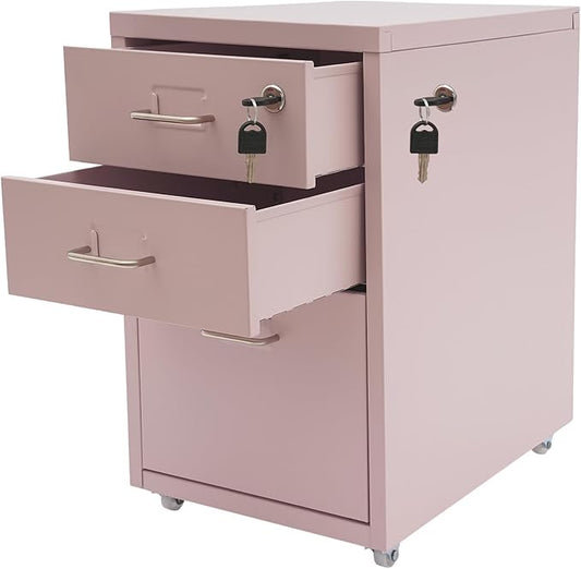 Vertical File Cabinet, 3-Drawer Metal Mobile File Cabinet with Lock, 11 * 16 * 18.3In Filing Cabinet Under Desk with Tag Jacks for Home Office (Pink)