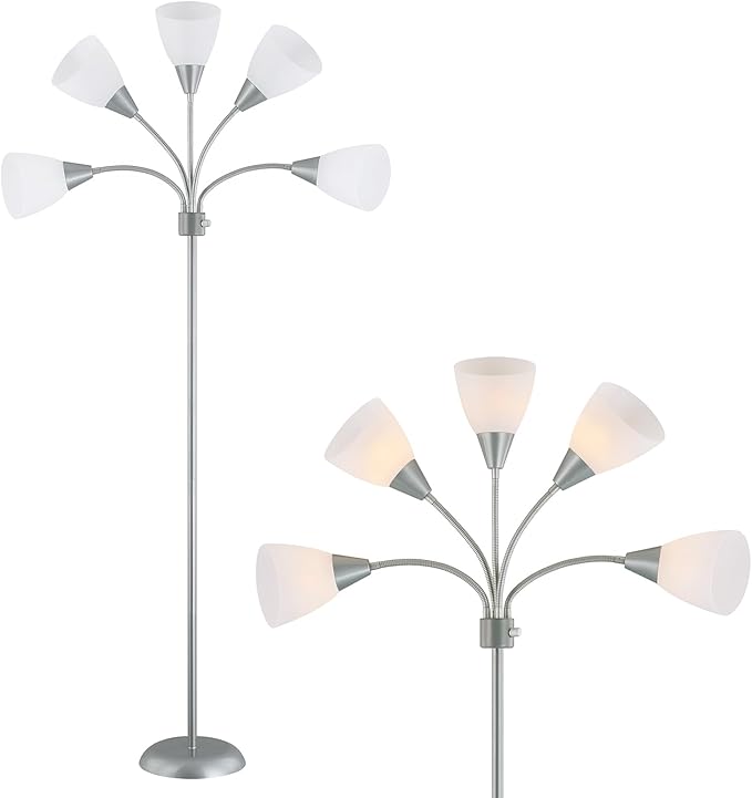 Medusa Modern Decor Floor Lamp, Multi Head Adjustable Gooseneck Bright Light Lamp for Reading, White Shades Tall Standing Tree Floor Lamp for Living Room Bedroom Office Kids Classroom, Silver