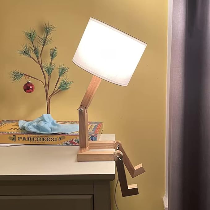 ELINKUME Robot Bedside Lamp, Fabric Lampshade Match Foldable Solid Wood Body, Creative E27 Screw Table Lamp for Bedroom Living Room