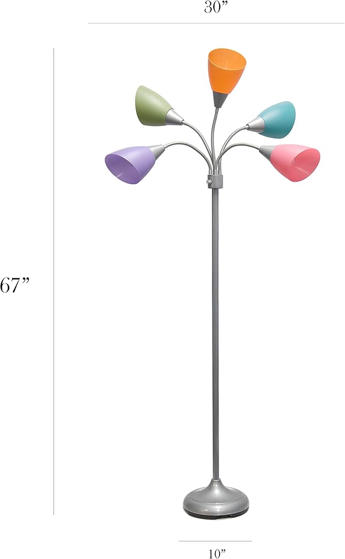 Simple Designs LF2006-SLM 67" Contemporary Multi Head Medusa 5 Light Adjustable Gooseneck Silver Floor Lamp with Fun Light Multicolored Shades for Kids Bedroom Playroom Living Room Office