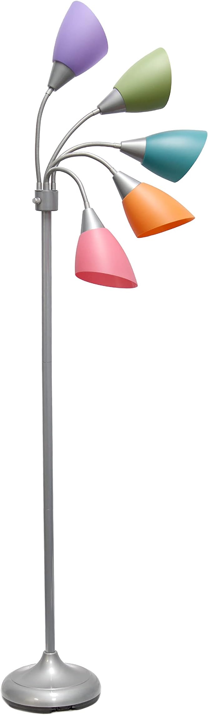 Simple Designs LF2006-SLM 67" Contemporary Multi Head Medusa 5 Light Adjustable Gooseneck Silver Floor Lamp with Fun Light Multicolored Shades for Kids Bedroom Playroom Living Room Office