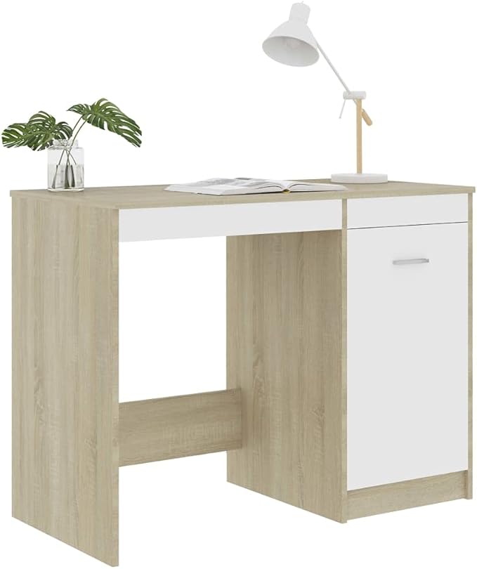 Modern Writing Computer Desk, Home Office Desk Writing Study Table PC Desk Workstation for Bedroom, White and Sonoma Oak 39.4"x19.7"x29.9" Engineered Wood(J)