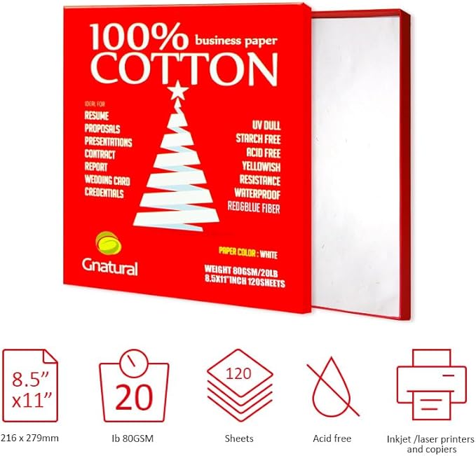 100% Cotton, Gnatural 8.5 x 11 Inch, 20lb/80GSM,with Red & Blue Fiber, Waterproof for Inkjet and Laser Printing Paper - 120 Sheets Starch Free