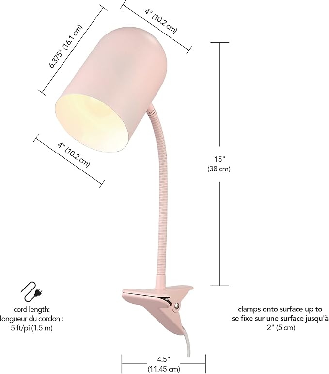 Globe Electric 52303 Carter 15" Clip-Arm Desk Lamp, Matte Pink, Adjustable Gooseneck Arm, in-Line On Off Switch