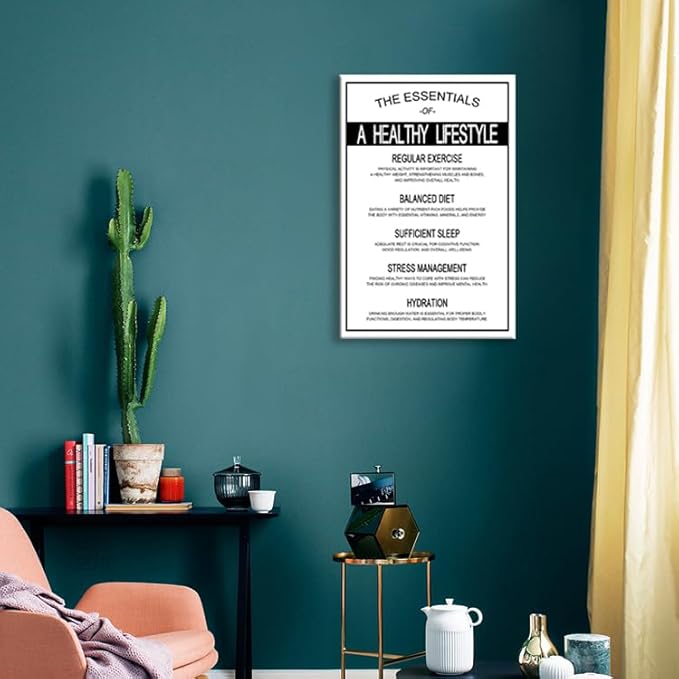 WYJDFART The Essentials of A Healthy Lifestyle&Helpful For Mental Health Motivational Wall Decor for Gym Home Office Classroom Printed Canvas Poster Framed Ready to Hang [12" W X 18" H]