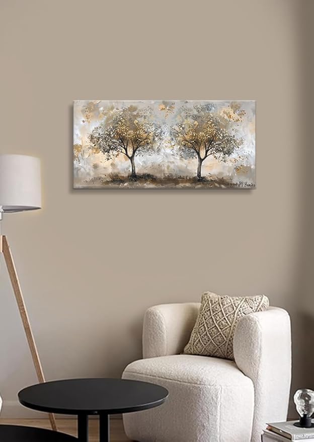 Landscape Gold Tree Wall Art - Autumn Golden Forest Canvas Painting - Bedroom & Living Room Decor