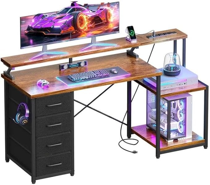 ODK 55 Inch Computer Desk with 4 Drawers, Office Desk with Power Outlets, Printer Shelf & Storage Shelves, Large Writing Study Table for Home, Bedroom, Study or Gaming Setup, Vintage