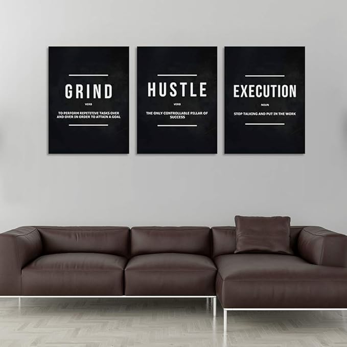 Motivational Office Wall Decor Inspirational Success Canvas Wall Art Hustle Posters Prints Entrepreneur Quote Wall Picture Paintings 3 Pieces Artwork Home Bedroom Framed Easy to Hang(72”Wx36”H)