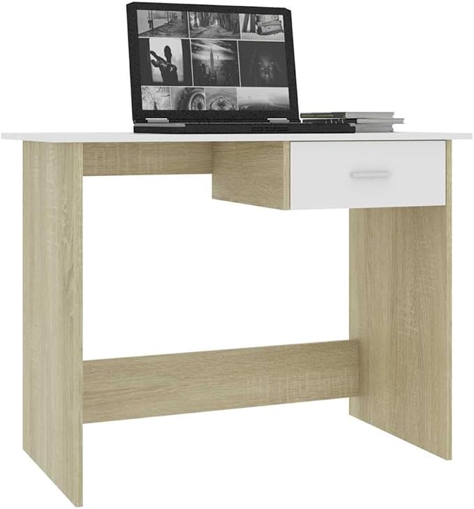 White & Sonoma Oak Engineered Wood Desk, 39.4" Writing Computer Desk with Drawer, Modern Home Office Work Table, Study Furniture