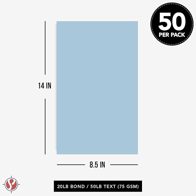 Blue Pastel Colored Paper - Perfect for Documents, Invitations, Posters, Flyers, Menus, Arts and Crafts | 8.5" x 14" (Legal Size) | Regular 20lb Bond (75gsm) Paper - Smooth Finish | 50 Sheets