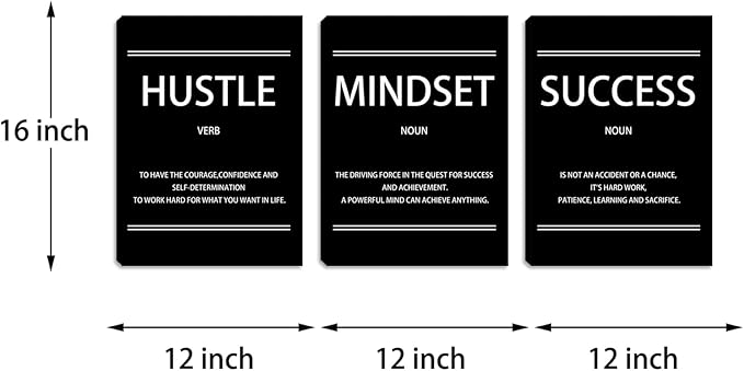 Hustle Mindset Success Wall Art, 12 x 16 Inch Motivational Canvas Wall Art for Living Room, Inspirational Quotes Painting Poster for Bedroom Classroom Meeting Room Office, Ready to Hang - 3pieces